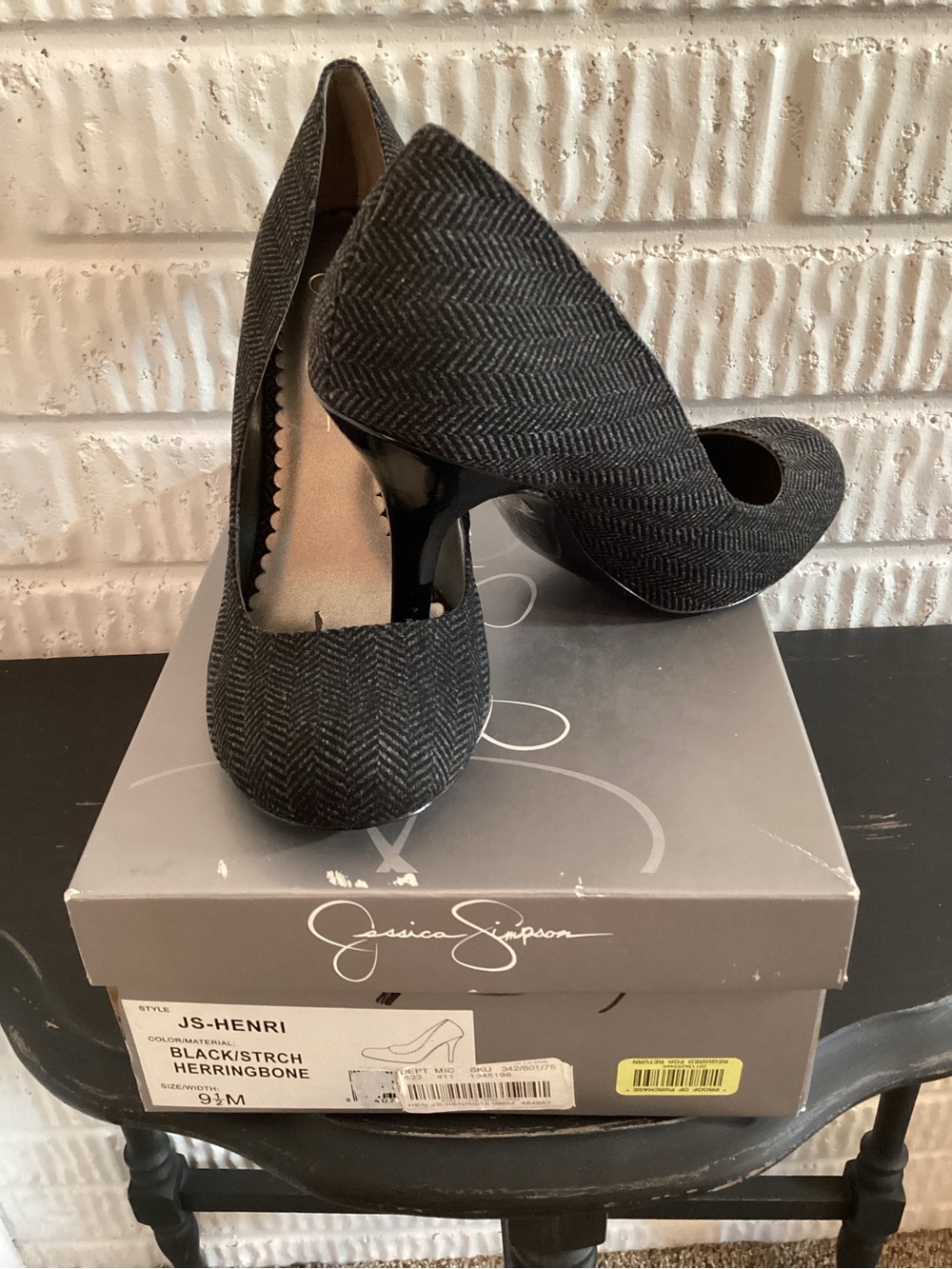 Jessica Simpson Black Herringbone Round Toe Pumps Size 9.5 Tweed Cocktail Glam